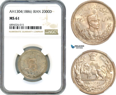 AJ858, Iran, Reza Shah, 2000 Dinars AH1304 (1925) Silver, NGC MS61 (Slab error as 1886)