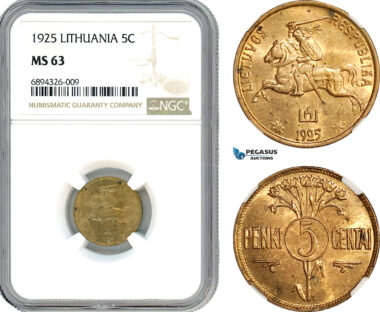 AJ860, Lithuania, 5 Centai 1925, Kings Norton Mint, NGC MS63