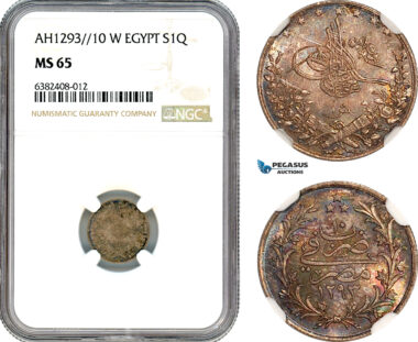AJ867, Ottoman Empire, Egypt, Abdülhamid II, 1 Qirsh AH1293//10 W, Berlin Mint, Silver, NGC MS65