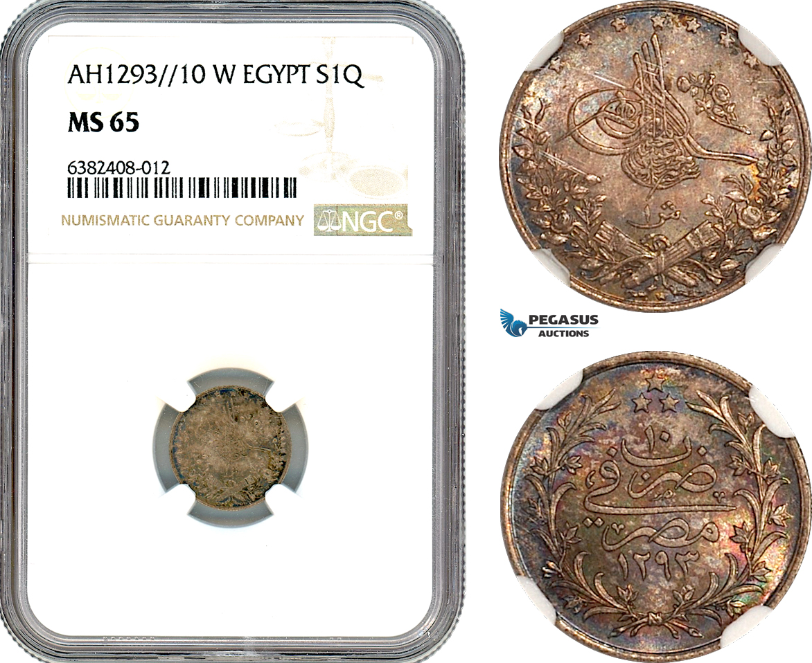 AJ867, Ottoman Empire, Egypt, Abdülhamid II, 1 Qirsh AH1293//10 W, Berlin Mint, Silver, NGC MS65