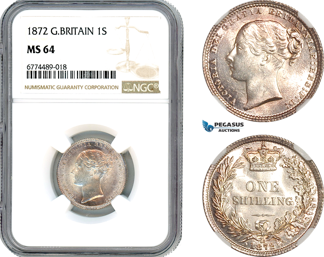 AJ879, Great Britain, Victoria, 1 Shilling 1872, London Mint, Silver, NGC MS64