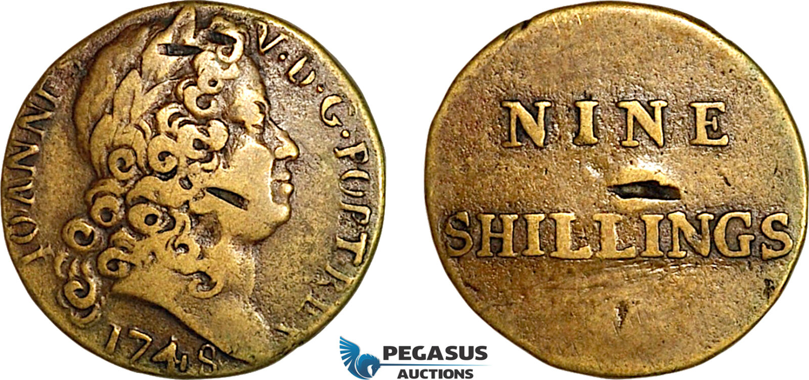 AJ907, Portugal & Brazil, John V, 1748 Monetary Weight for 1600 Reis, 9 Shillings, Cf. 1539 (3.37g), VF