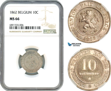 AJ914, Belgium, Leopold II, 10 Centimes 1862, Brussels Mint, NGC MS66