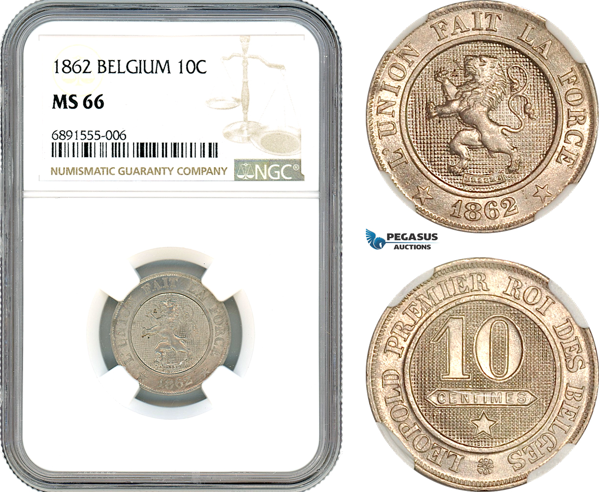 AJ914, Belgium, Leopold II, 10 Centimes 1862, Brussels Mint, NGC MS66