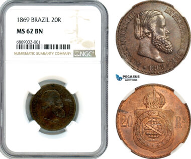 AJ915, Brazil, Pedro II, 20 Reis 1869, Rio de Janeiro Mint, NGC MS62BN