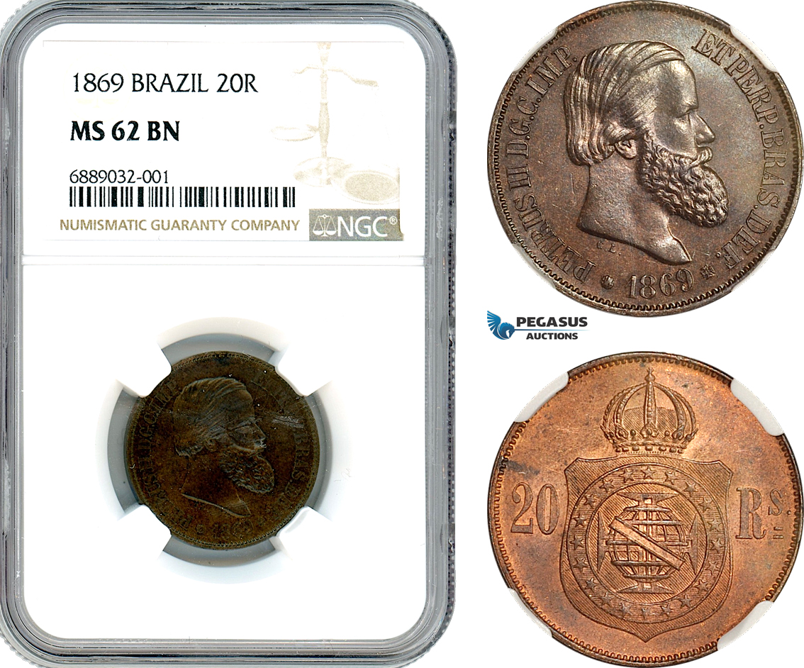 AJ915, Brazil, Pedro II, 20 Reis 1869, Rio de Janeiro Mint, NGC MS62BN