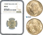 AJ917, Bulgaria, Boris III, 20 Leva 1930 BP, Budapest Mint, Silver, NGC MS62