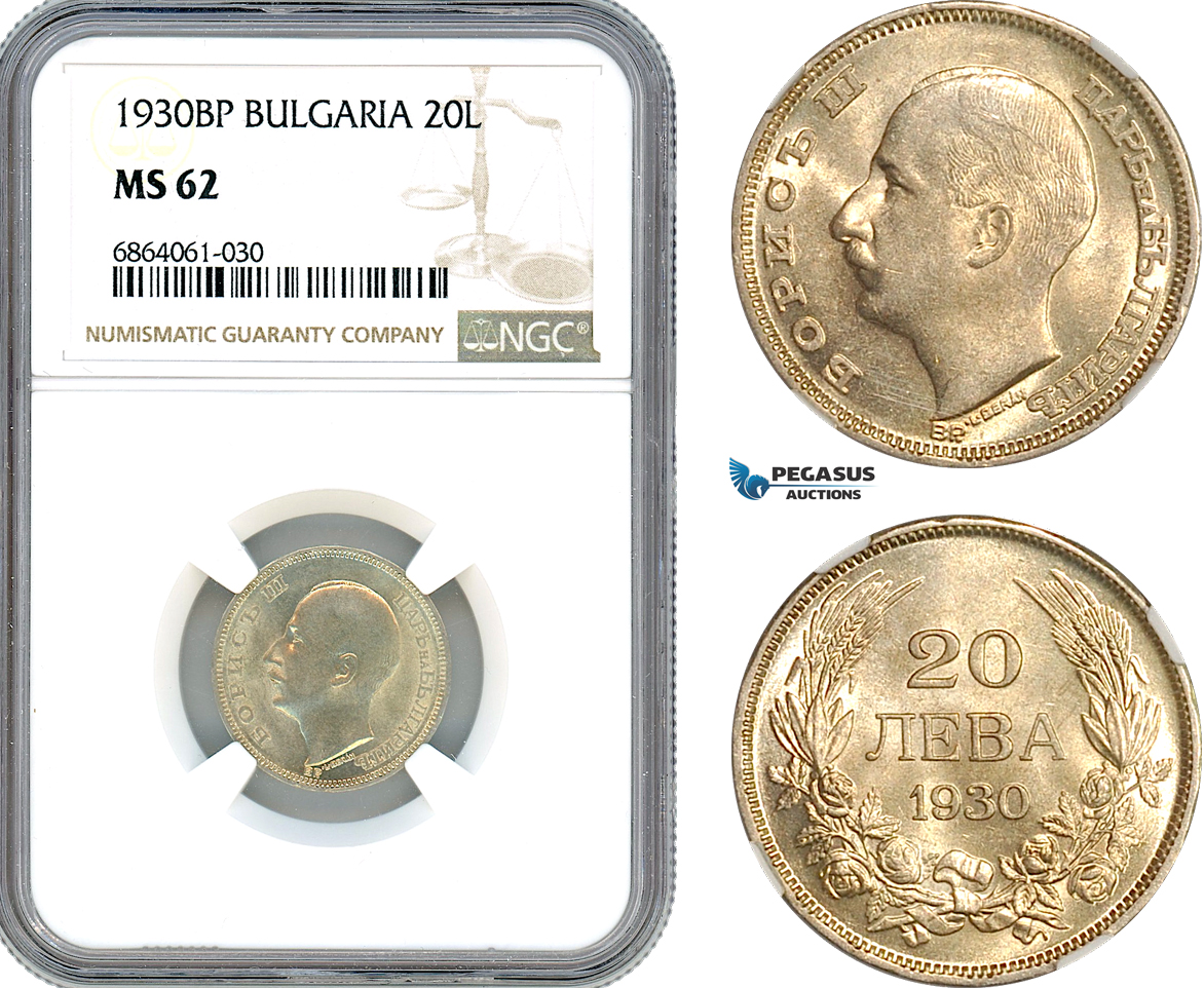 AJ917, Bulgaria, Boris III, 20 Leva 1930 BP, Budapest Mint, Silver, NGC MS62