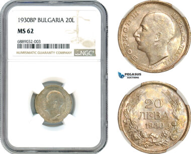 AJ918, Bulgaria, Boris III, 20 Leva 1930 BP, Budapest Mint, Silver, NGC MS62