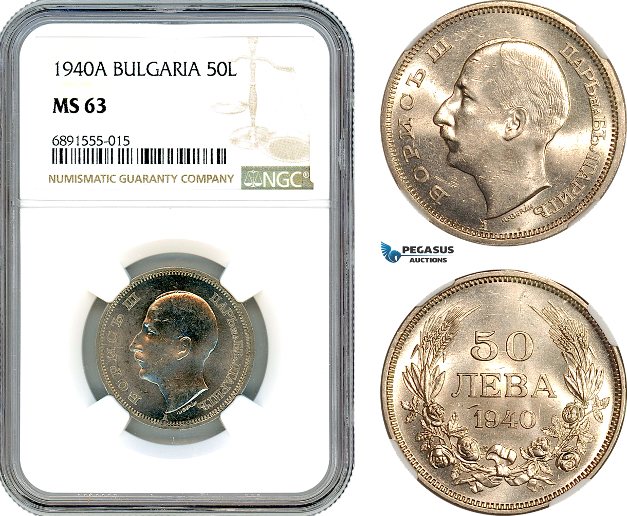 AJ920, Bulgaria, Boris III, 50 Leva 1940 A, Berlin Mint, NGC MS63