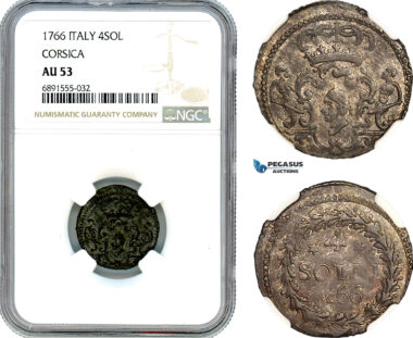 AJ929, Italy, Corsica, Pasquale Paoli, 4 Soldi 1766, Murato Mint, Silver, NGC AU53