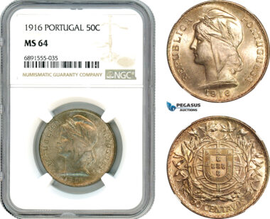 AJ931, Portugal, 50 Centavos 1916, Lisbon Mint, Silver, NGC MS64