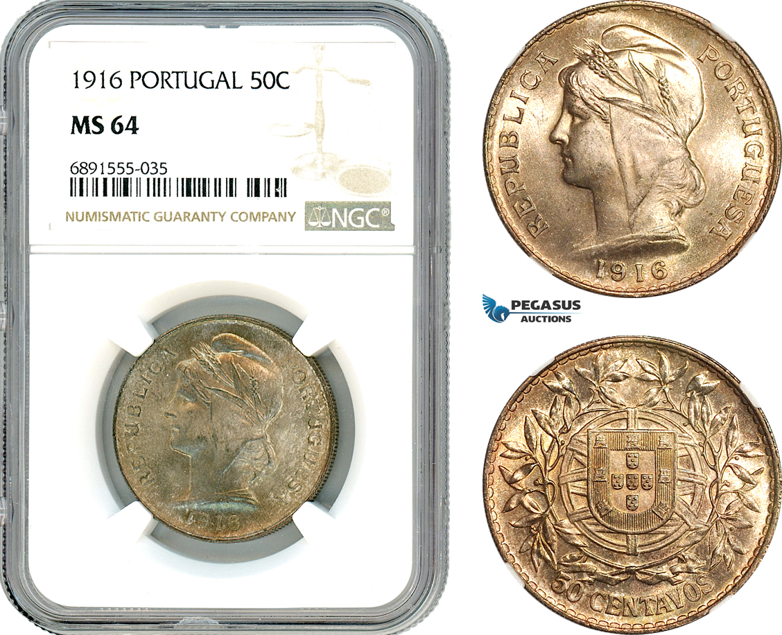 AJ931, Portugal, 50 Centavos 1916, Lisbon Mint, Silver, NGC MS64
