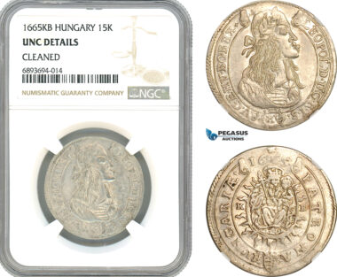 AJ957, Hungary, Leopold I, 15 Krajczar 1665 KB, Kremnitz Mint, Silver, NGC UNC Details