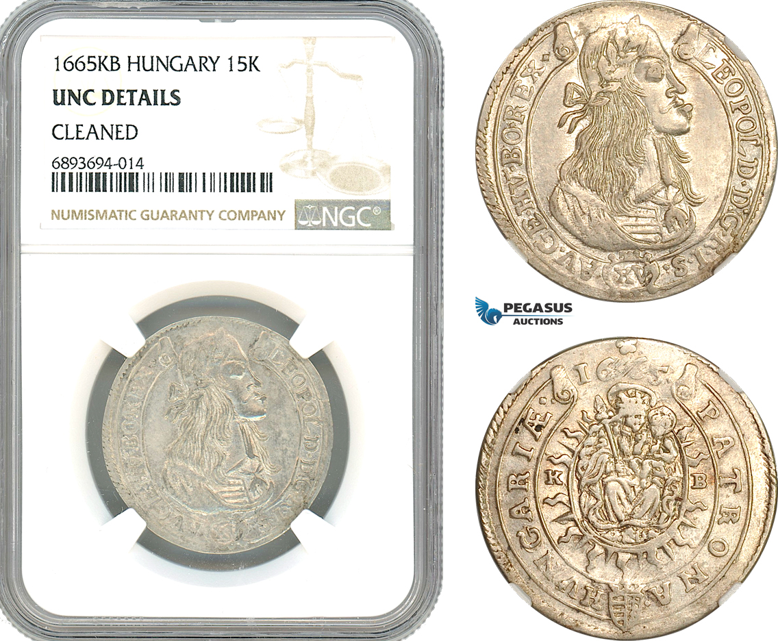 AJ957, Hungary, Leopold I, 15 Krajczar 1665 KB, Kremnitz Mint, Silver, NGC UNC Details