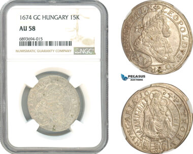 AJ958, Hungary, Leopold I, 15 Krajczar 1674 GC, Pressburg Mint, Silver, NGC AU58