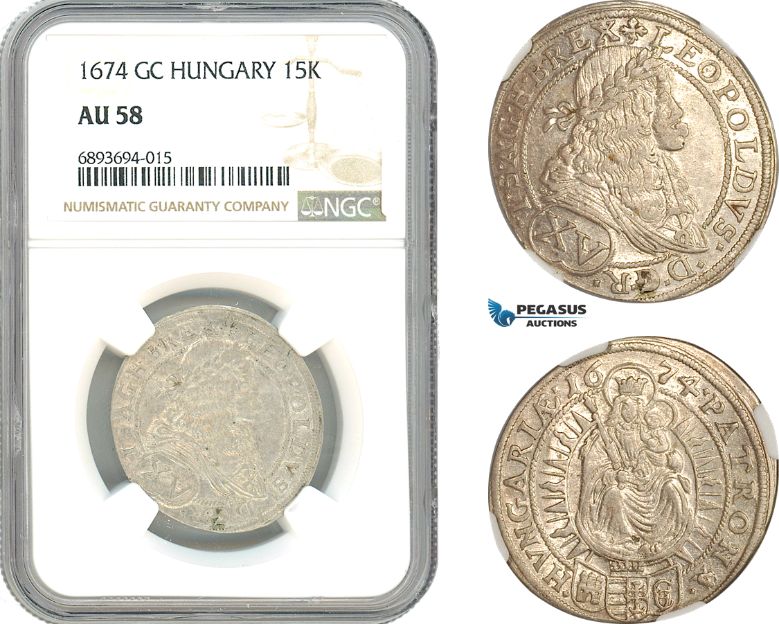 AJ958, Hungary, Leopold I, 15 Krajczar 1674 GC, Pressburg Mint, Silver, NGC AU58