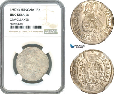 AJ960, Hungary, Leopold I, 15 Krajczar 1687 KB, Kremnitz Mint, Silver, NGC UNC Details