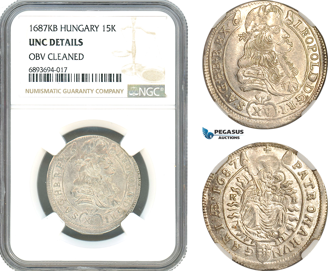 AJ960, Hungary, Leopold I, 15 Krajczar 1687 KB, Kremnitz Mint, Silver, NGC UNC Details