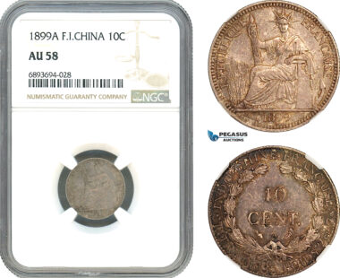 AJ966, French Indo-China, 10 Centimes 1899 A, Paris Mint, Silver, NGC AU58