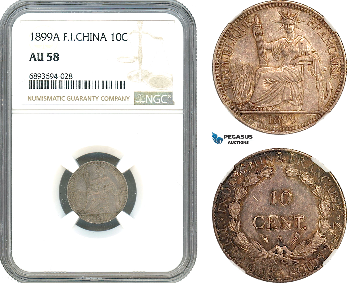 AJ966, French Indo-China, 10 Centimes 1899 A, Paris Mint, Silver, NGC AU58