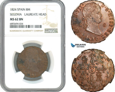 AJ970, Spain, Ferdinand VII, 8 Maravedis 1824, Laureate Head, Segovia Mint, NGC MS62BN