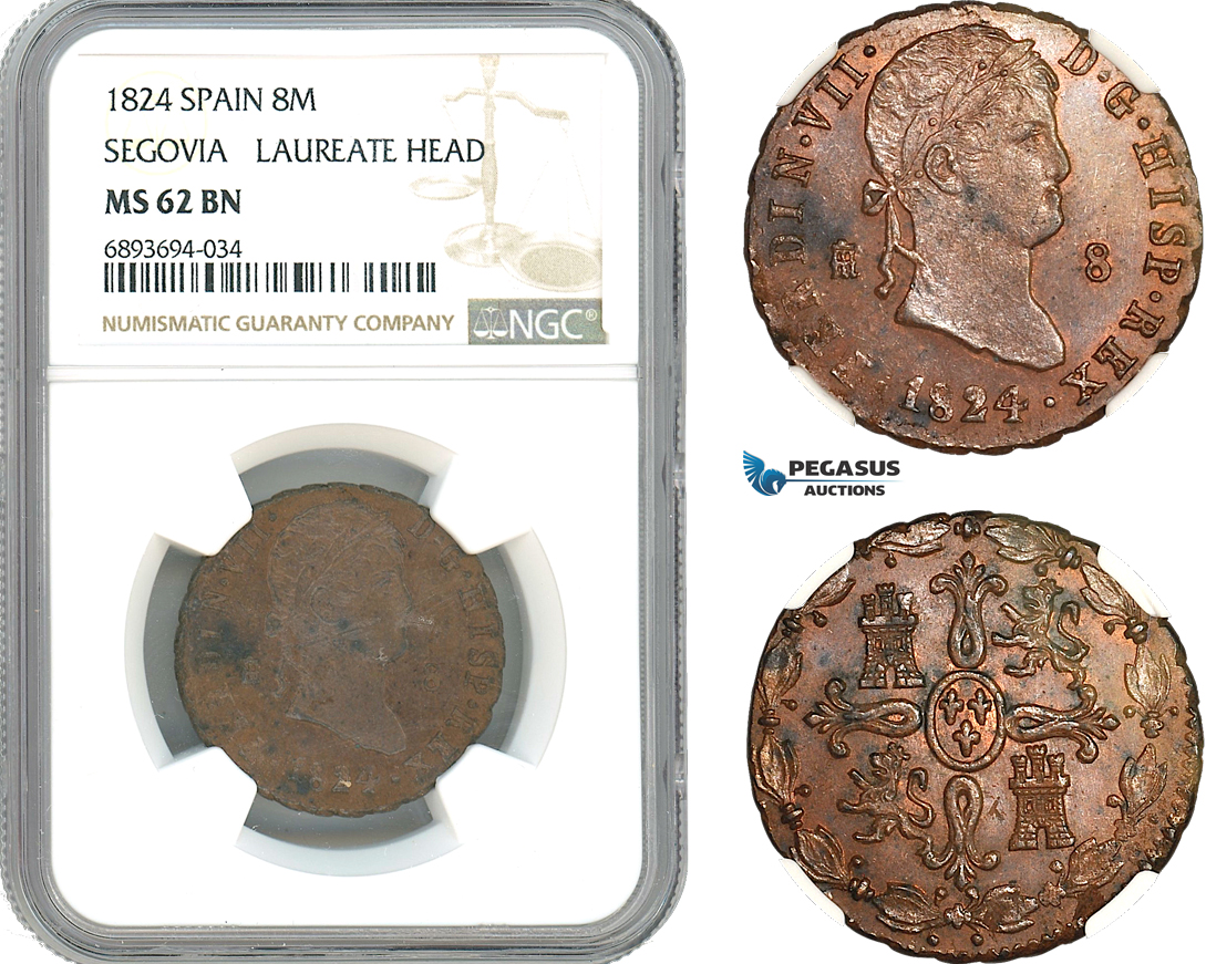 AJ970, Spain, Ferdinand VII, 8 Maravedis 1824, Laureate Head, Segovia Mint, NGC MS62BN