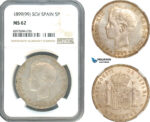 AJ971, Spain, Alfonso XIII, 5 Pesetas 1899 (99) SGV, Madrid Mint, Silver, NGC MS62