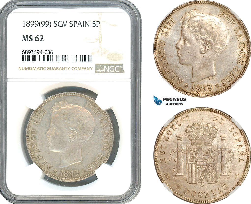 AJ971, Spain, Alfonso XIII, 5 Pesetas 1899 (99) SGV, Madrid Mint, Silver, NGC MS62