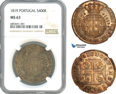 AJ974, Portugal, Joao VI, 400 Reis 1819, Lisbon Mint, Silver, NGC MS63