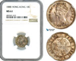 AJ983, Hong Kong, Victoria, 10 Cents 1888, London Mint, Silver, NGC MS61