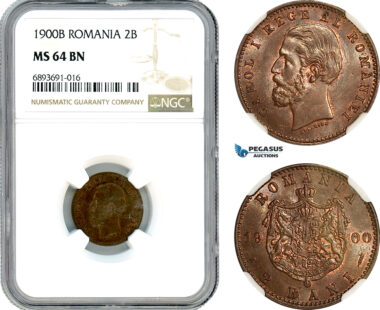 AJ988, Romania, Carol I, 2 Bani 1900 B, Bucharest Mint, NGC MS64BN