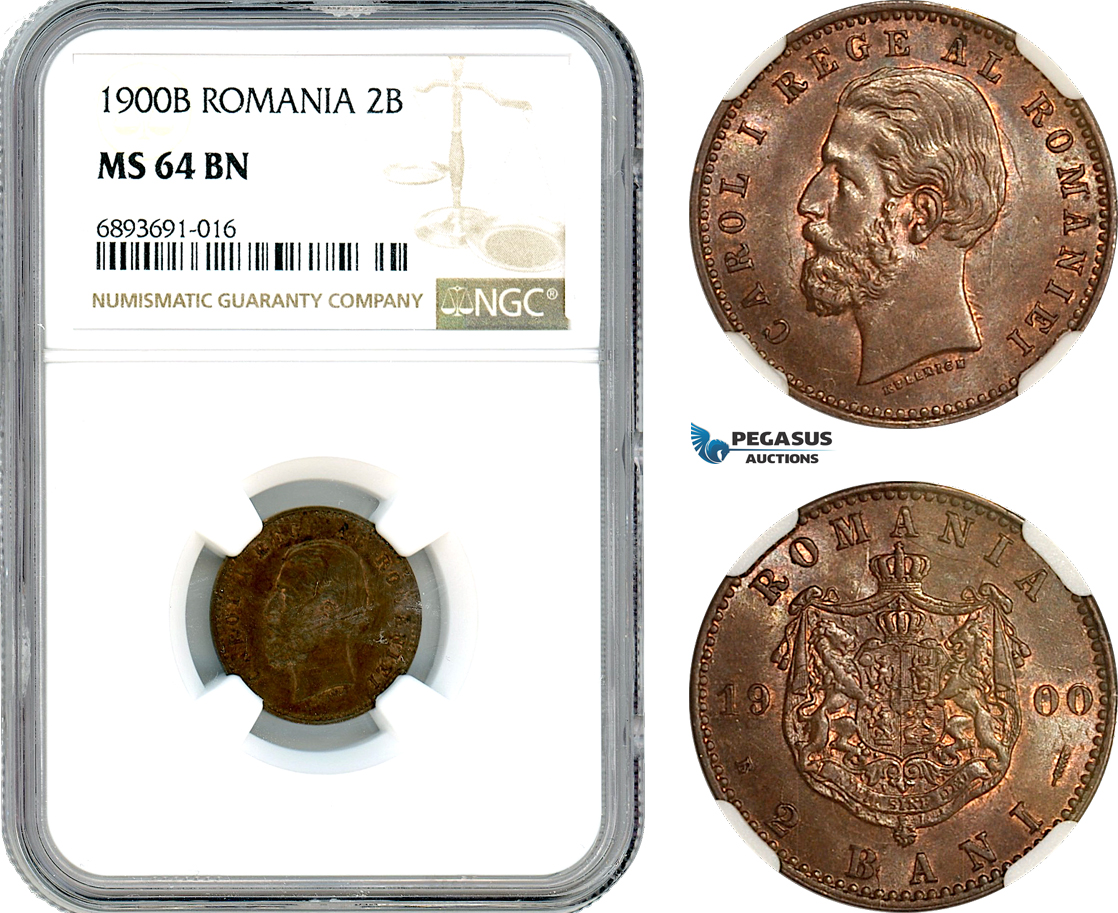 AJ988, Romania, Carol I, 2 Bani 1900 B, Bucharest Mint, NGC MS64BN