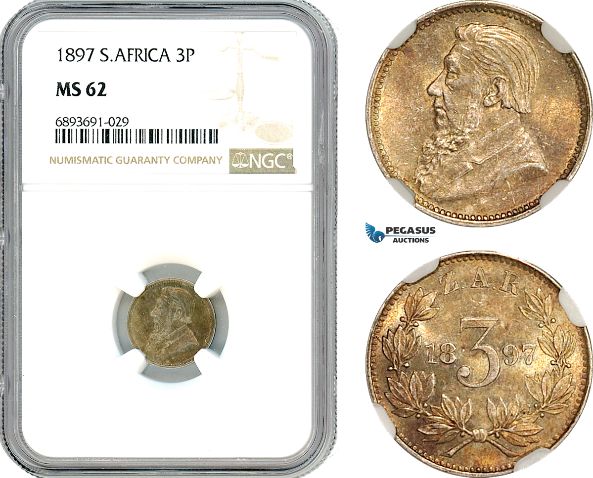 AJ992, South Africa (ZAR) Threepence (3P) 1897, Pretoria Mint, Silver, NGC MS62