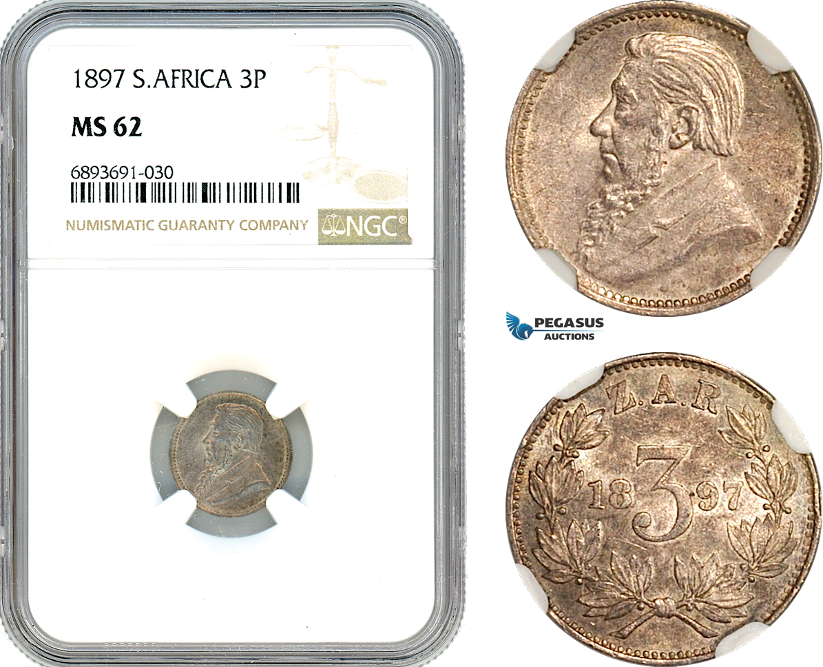 AJ993, South Africa (ZAR) Threepence (3P) 1897, Pretoria Mint, Silver, NGC MS62
