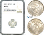 AK001, Ceylon, Victoria, 10 Cents 1897, London Mint, Silver, NGC MS65