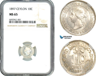 AK001, Ceylon, Victoria, 10 Cents 1897, London Mint, Silver, NGC MS65