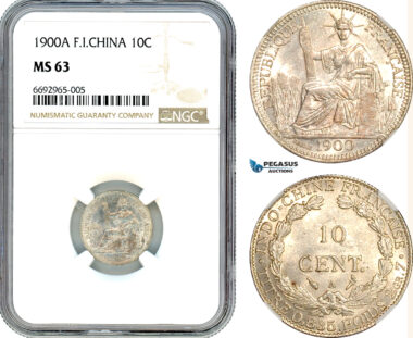AK002, French Indo-China, 10 Centimes 1900 A, Paris Mint, Silver, NGC MS63