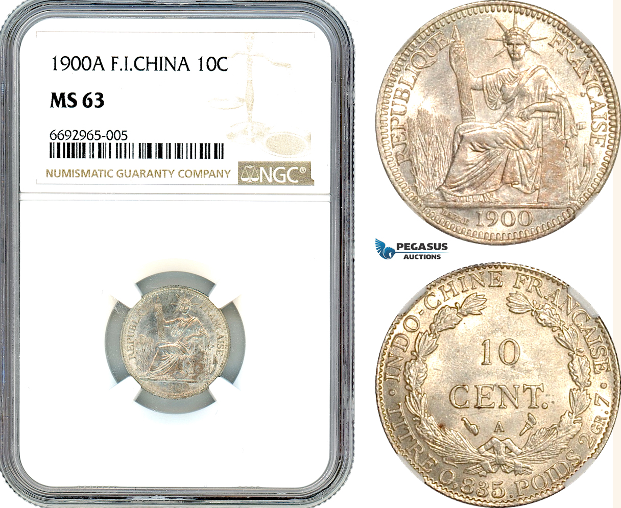 AK002, French Indo-China, 10 Centimes 1900 A, Paris Mint, Silver, NGC MS63