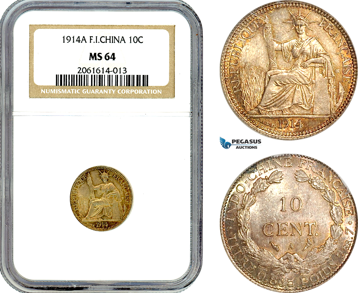 AK003, French Indo-China, 10 Centimes 1914 A, Paris Mint, Silver, NGC MS64