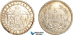 AK027, Bulgaria, Alexander I, 5 Leva 1885, St. Petersburg Mint, Silver, Cleaned, XF-AU