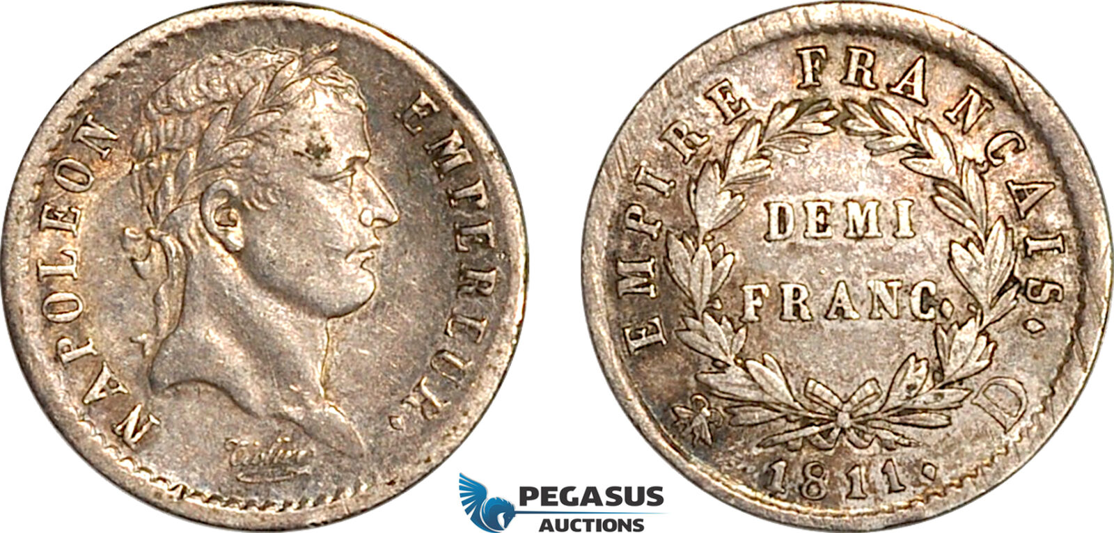 AK028, France, Napoleon, 1/2 Franc 1811 D, Lyon Mint, Silver, Toned, XF-AU