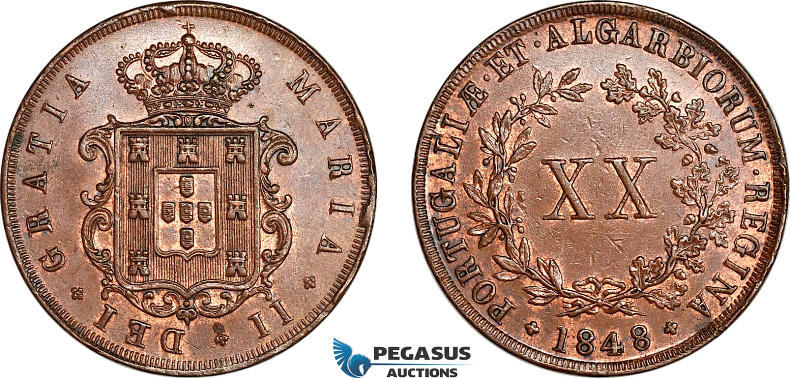 AK030, Portugal, Maria II, 20 Reis 1848, Lisbon Mint, Lightly Cleaned, AU