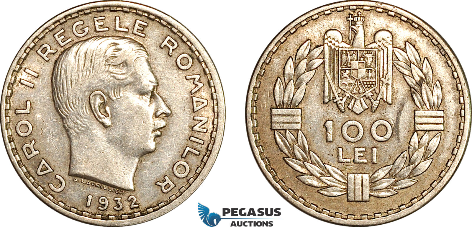 AK031, Romania, Carol II, 100 Lei 1932, London Mint, Silver, Lightly Cleaned, AU