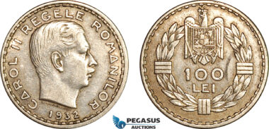 AK031, Romania, Carol II, 100 Lei 1932, London Mint, Silver, Lightly Cleaned, AU