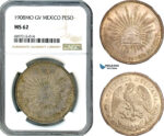 AK039, Mexico, 1 Peso 1908 Mo GV, Mexico City Mint, Silver, NGC MS62