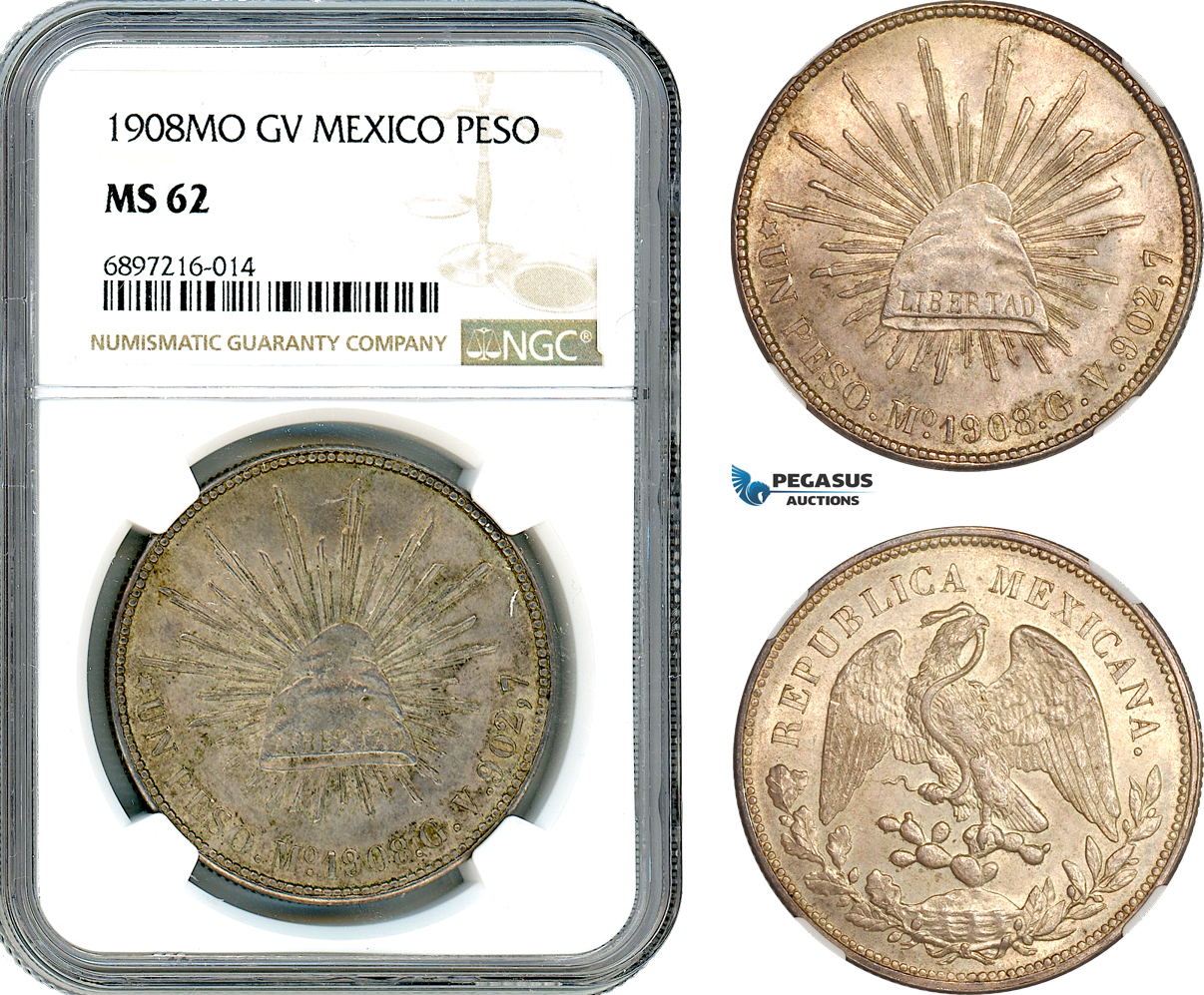 AK039, Mexico, 1 Peso 1908 Mo GV, Mexico City Mint, Silver, NGC MS62