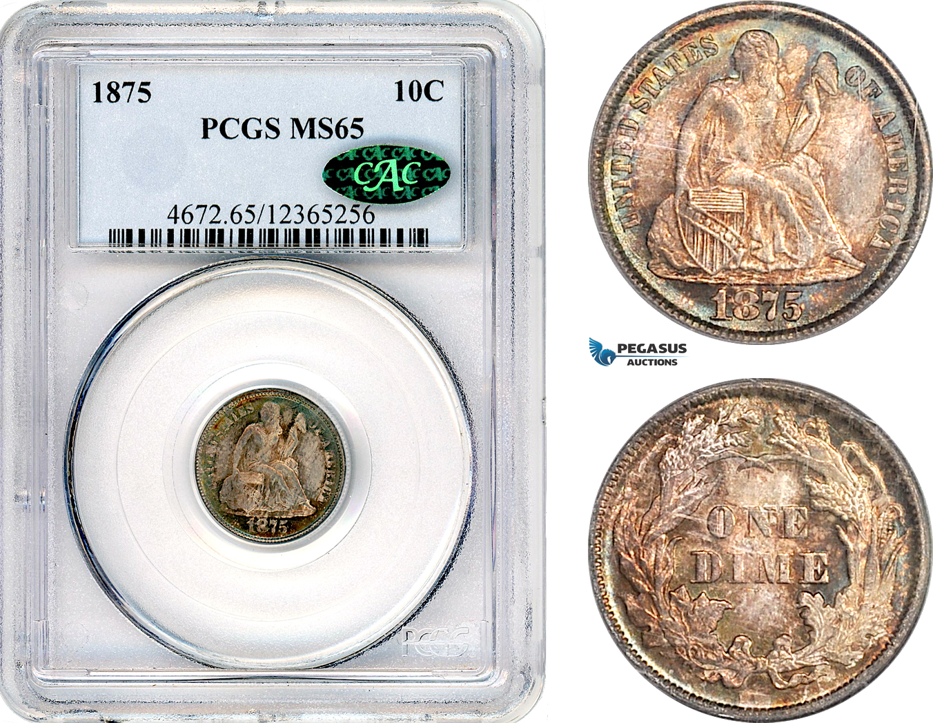 AK018, United States, Liberty Seated Dime (10c) 1875, Philadelphia Mint, PCGS MS65, CAC Approved