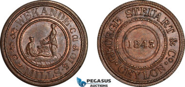 AK051, Ceylon, Token 1843 (1881) Wekande Mills George Steuart & Co. Prid. 96, Cleaned AU-UNC