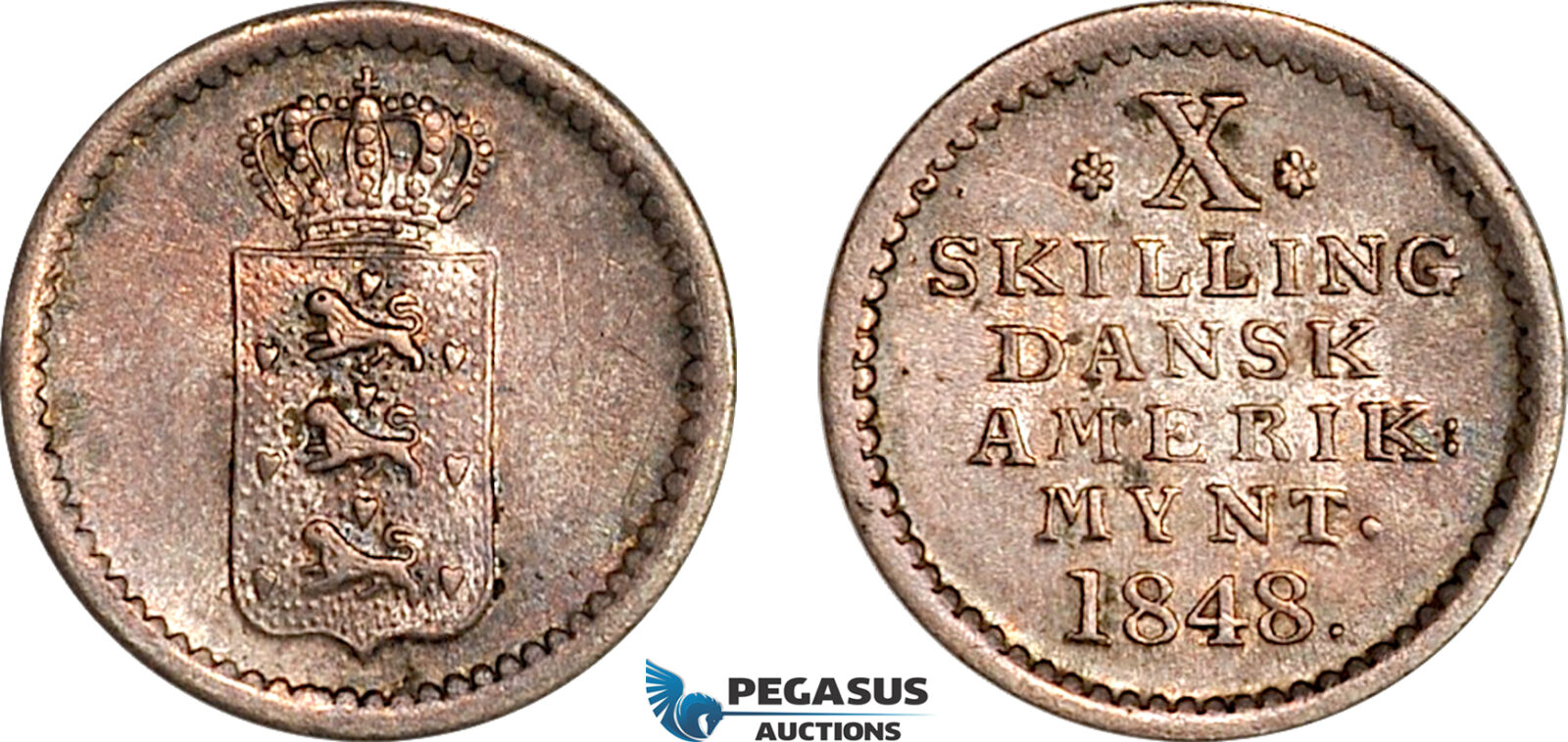 AK053, Danish West Indies, Frederik VII, 10 Skilling 1848, Silver, Toned AU